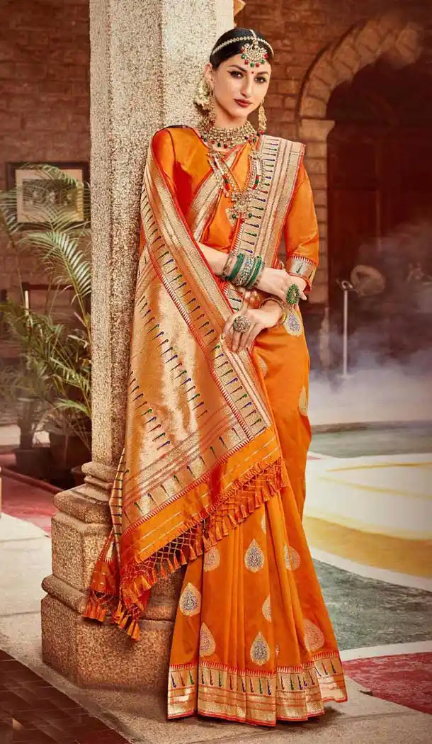 Chic Orange Color Banarasi Fancy Silk Traditional Wear Saree Blouse -9314110176