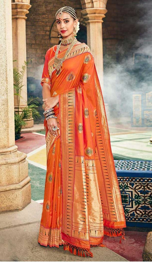 Ethnic Orange Color Banarasi Fancy Silk Traditional Wear Saree Blouse -9314110178 Ethnic Orange Color Banarasi Fancy Silk Traditional Wear Saree Blouse -9314110178