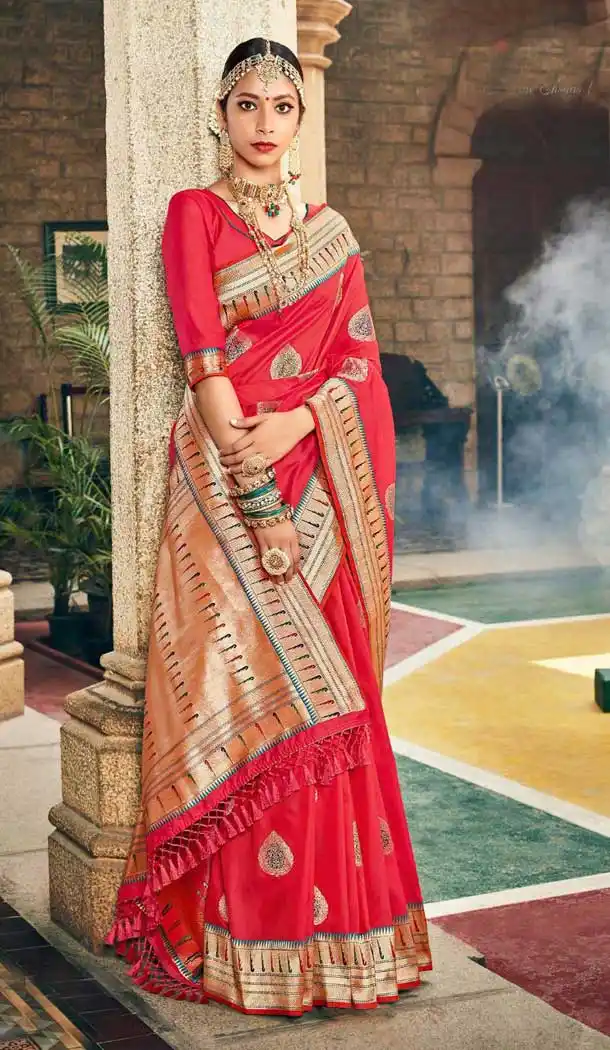 Charming Tomato Red Color Banarasi Fancy Silk Traditional Wear Saree Blouse -9314110179