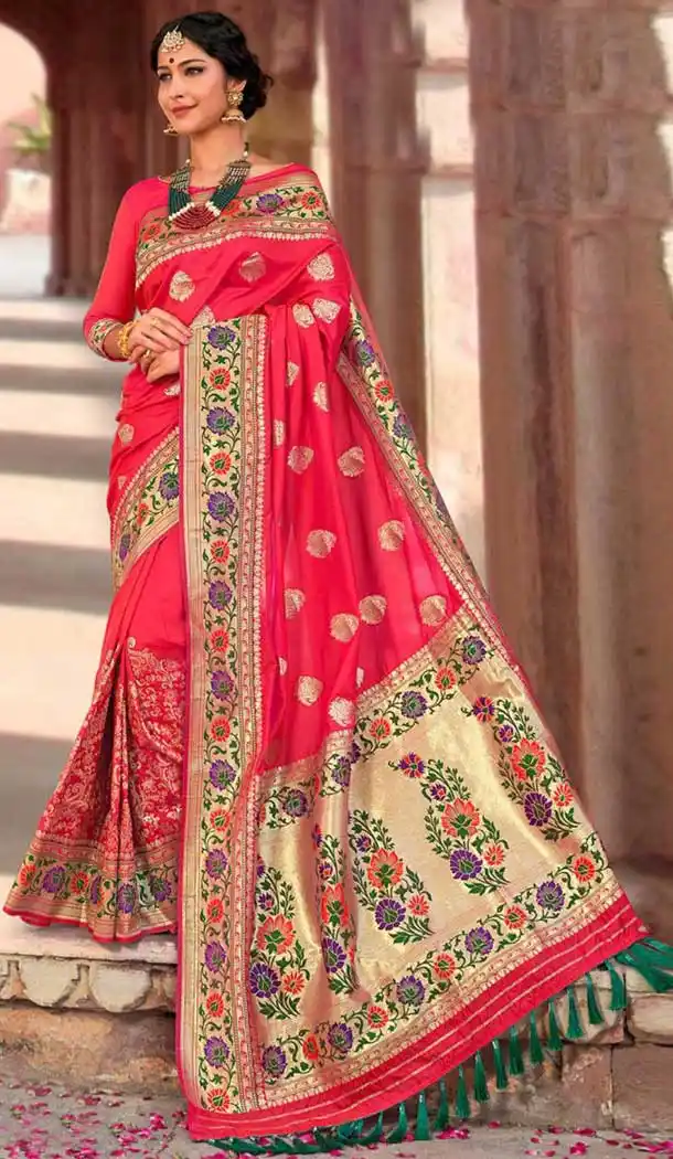 Captivating Gajari Color Banarasi Fancy Silk Traditional Wear Saree Blouse -9314110188