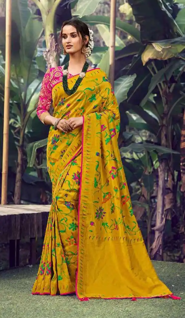 Musterd Color Silk Jacquard Work Party Wear Saree Blouse -9318110223