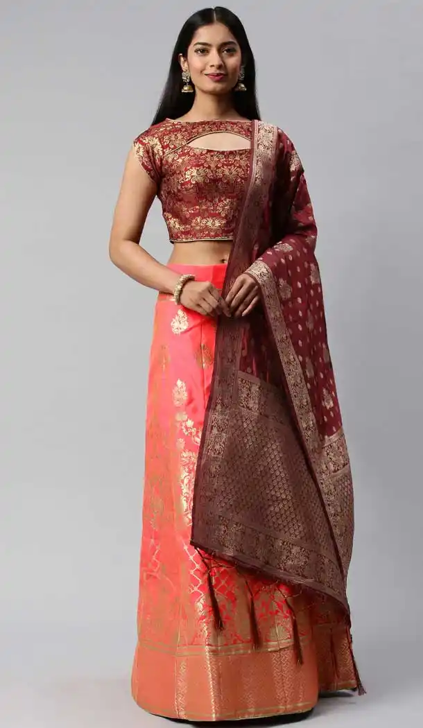 Peach Pink Color Banarasi Jacquard Silk Party Wear Lehenga Choli -9320110233