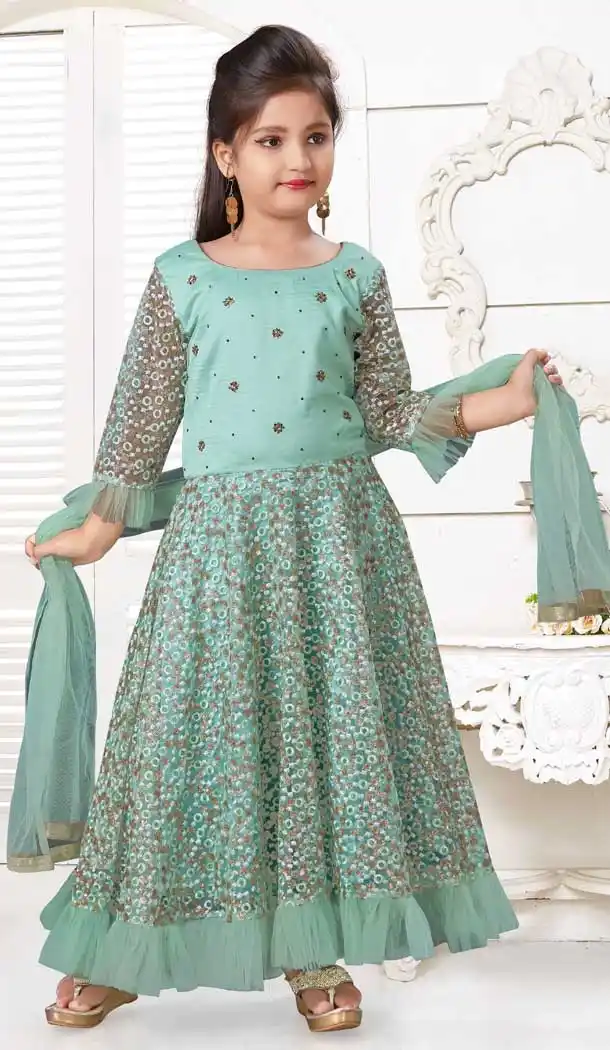 Sea Green Color Imported & Silk Fancy Party Wear Kids Gown -9362110627