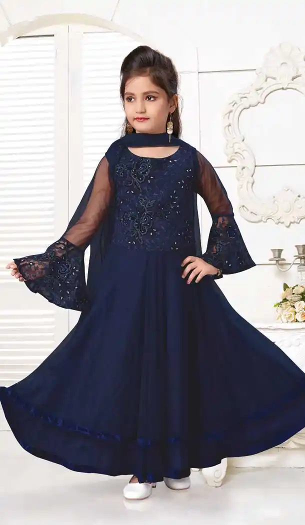 Navy Blue Color Net With Imported Fancy Party Wear Kids Readymade Gown -9362110629