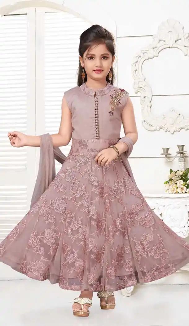 Rose Gold Color Net With Imported Fancy Party Wear Kids Gown -9362110631