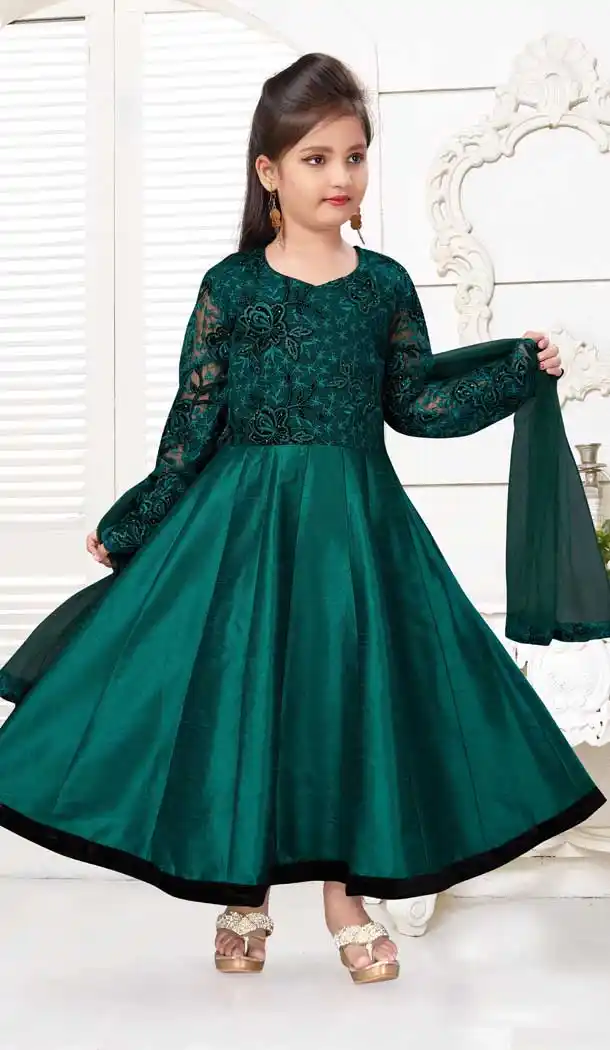 Bottle Green Color Imported Silk Velvet Fancy Party Wear Kids Gown -9362110632