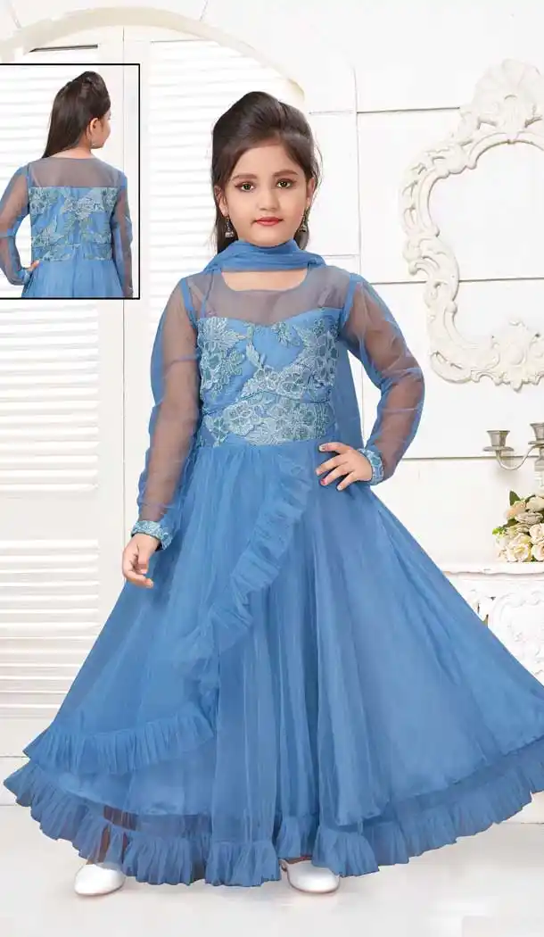 Styled Blue Color Net With Imported Fancy Party Wear Kids Gown -9362110634