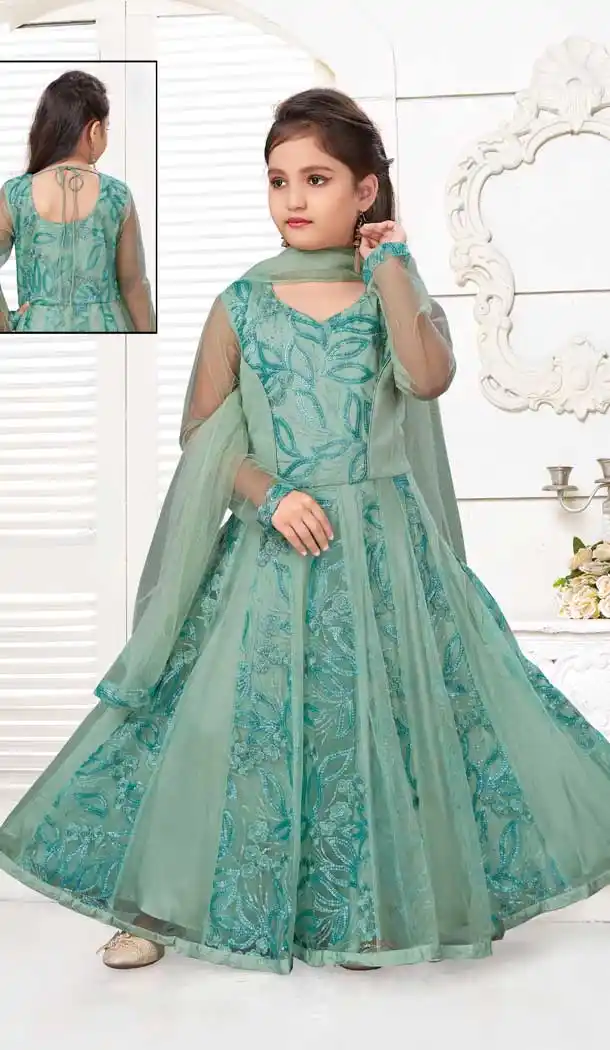 Sea Green Color Imported Net Fancy Party Wear Kids Gown -9362110638