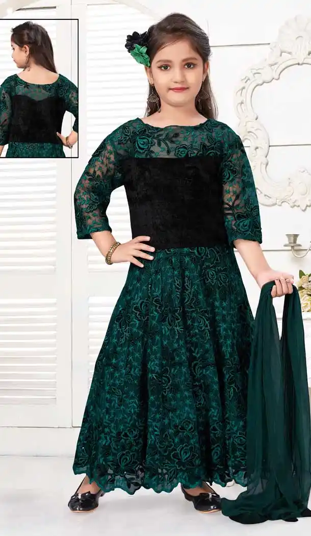 Green Black Color Imported Velvet Fancy Party Wear Kids Gown -9362110641