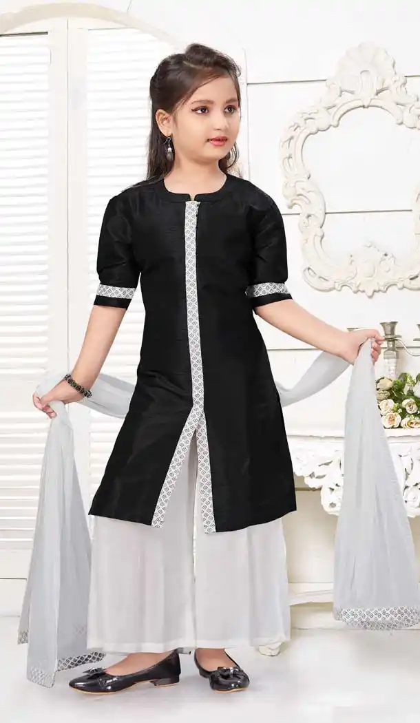 Black Color Art Silk Fancy Party Wear Kids Palazzo Suit -9362110642