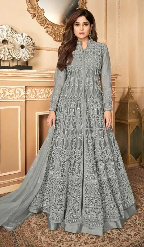 Marvelous Grey Color Premium Net Heavy Designer Party Wear Aanarkali Suit -9335110360