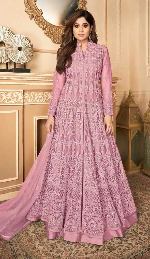 Old Rose Color Premium Net Heavy Designer Party Wear Aanarkali Suit -9335110361