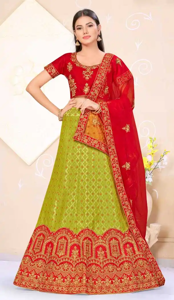 Pista Green Red Color Banarasi Silk Traditional Wear Lehenga Choli -9339110378