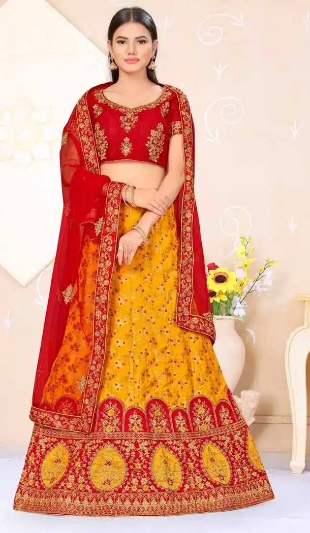 Yellow Red Color Banarasi Silk Traditional Wear Lehenga Choli -9339110379