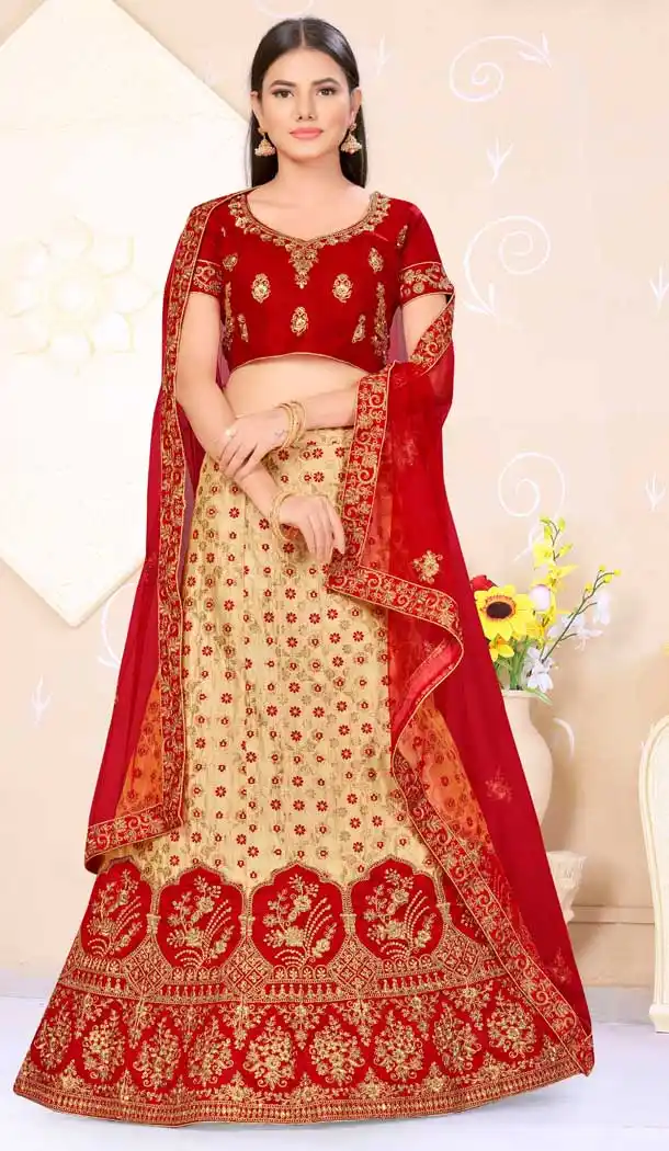 Beige Red Color Banarasi Silk Traditional Wear Lehenga Choli -9339110380
