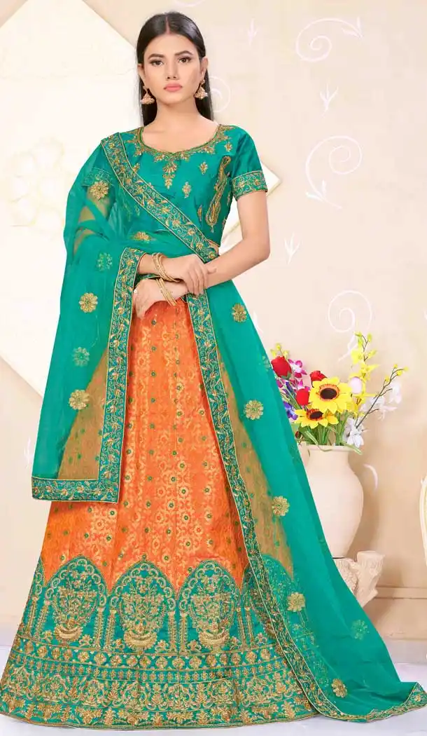Orange Rama Color Banarasi Silk Traditional Wear Lehenga Choli -9339110381
