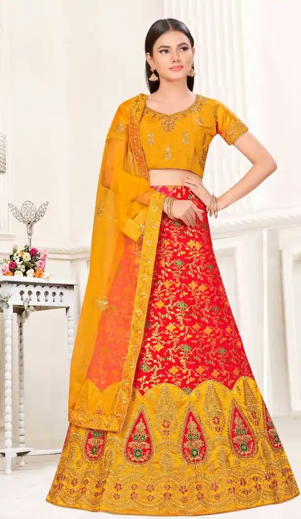 Red Mustard Color Banarasi Silk Traditional Wear Lehenga Choli -9339110382