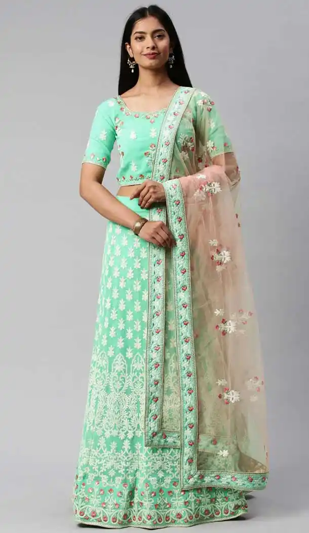 Cream Color Poly Georgette Lakhnavi Work Designer Lehenga Choli -9364110653