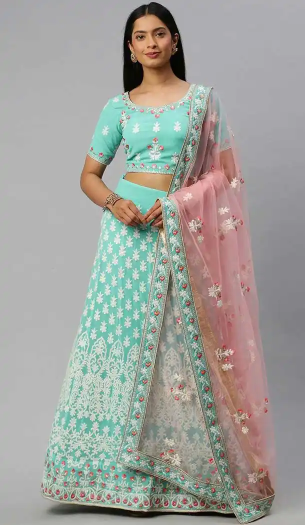 Light Green Color Poly Georgette Lakhnavi Work Designer Lehenga Choli -9364110655