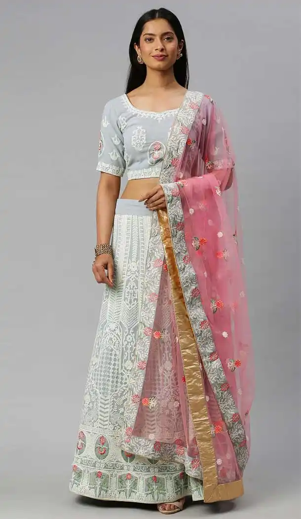 Off White Color Poly Georgette Lakhnavi Work Designer Lehenga Choli -9364110656