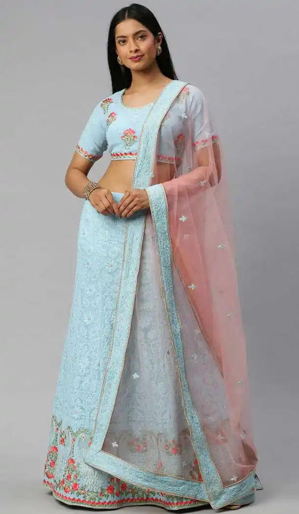 Ravishing Pista Color Poly Georgette Lakhnavi Work Designer Lehenga Choli -9364110660