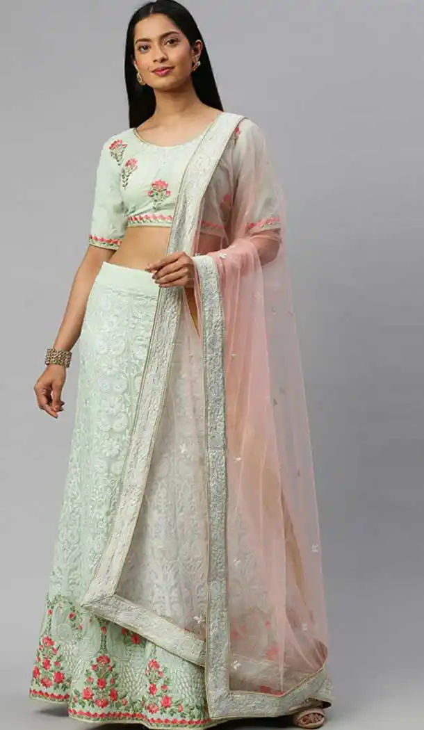 Elegant Peach Color Poly Georgette Lakhnavi Work Designer Lehenga Choli -9364110661
