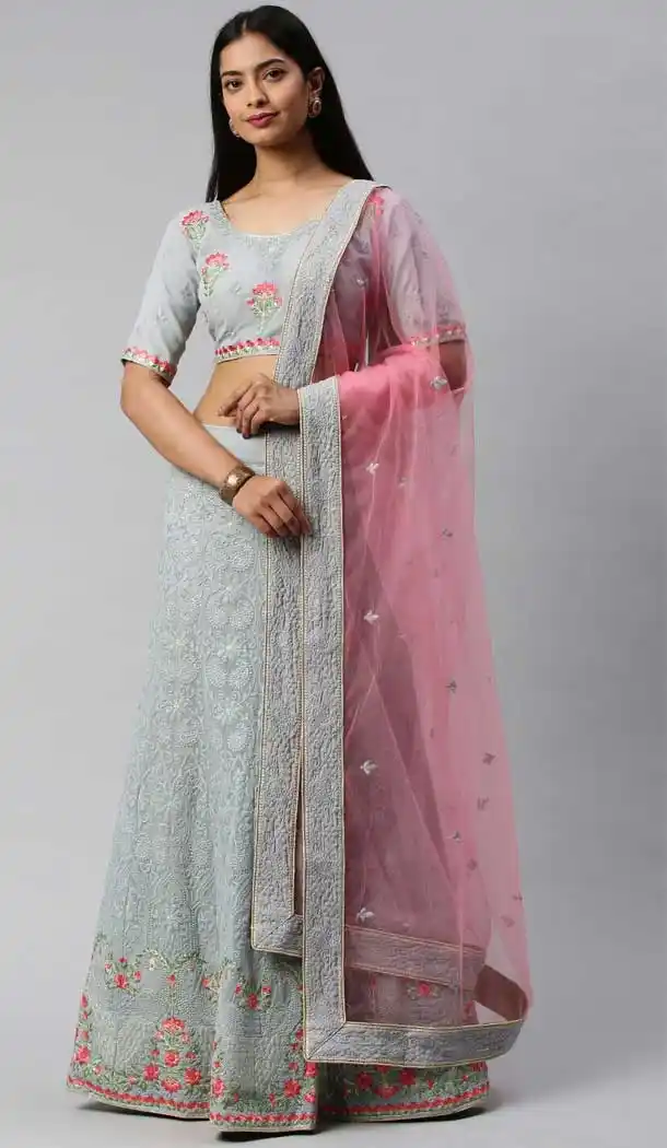 Light Green Color Poly Georgette Lakhnavi Work Designer Lehenga Choli -9364110662