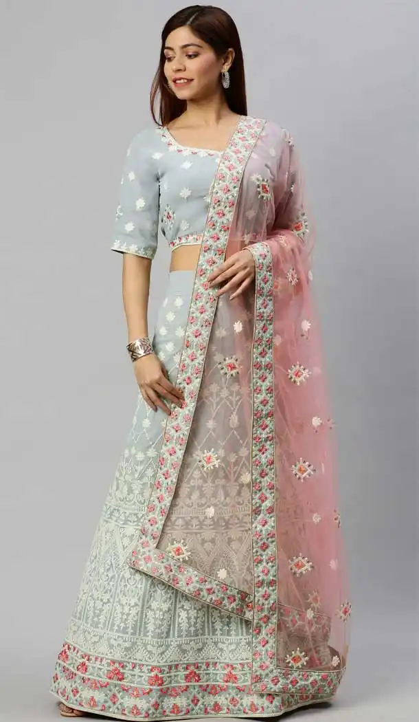 Off White Color Poly Georgette Lakhnavi Work Designer Lehenga Choli -9364110663