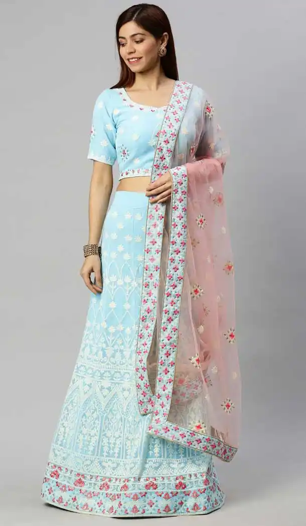 Marvelous Grey Color Poly Georgette Lakhnavi Work Designer Lehenga Choli -9364110665