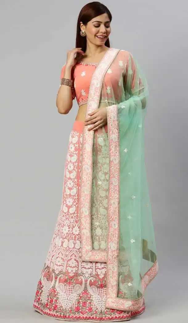 Luscious Aqua Color Poly Georgette Lakhnavi Work Designer Lehenga Choli -9364110667