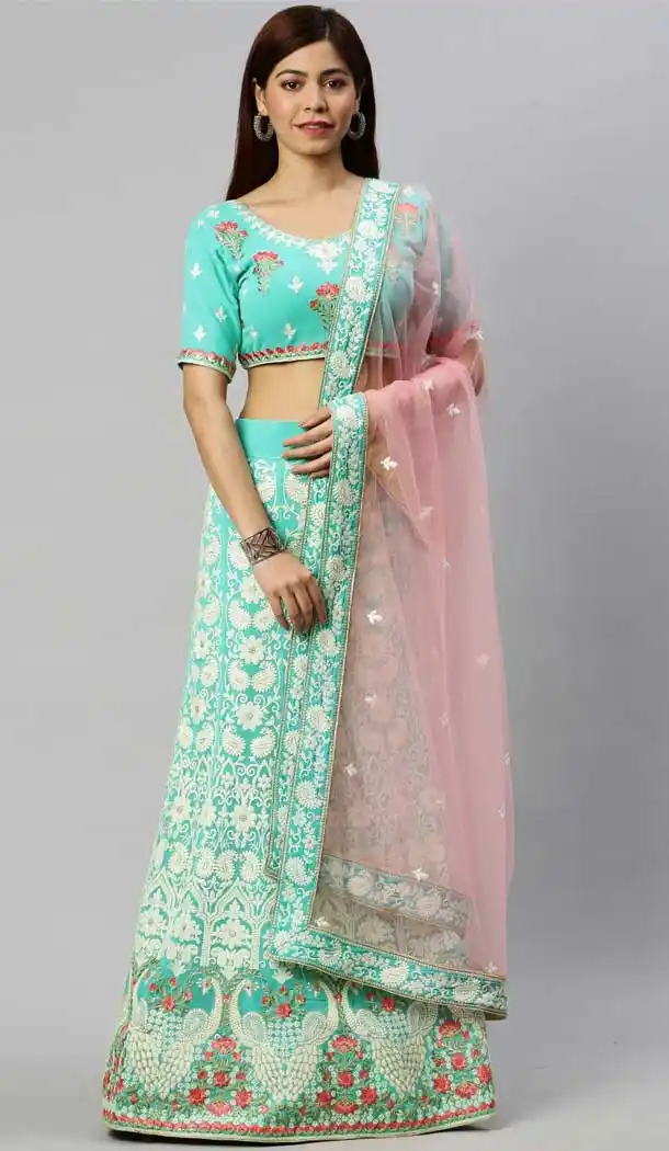 Mesmerizing Pista Color Poly Georgette Lakhnavi Work Designer Lehenga Choli -9364110670