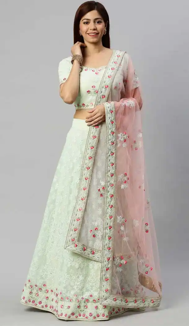 Light Green Color Poly Georgette Lakhnavi Work Designer Lehenga Choli -9364110673