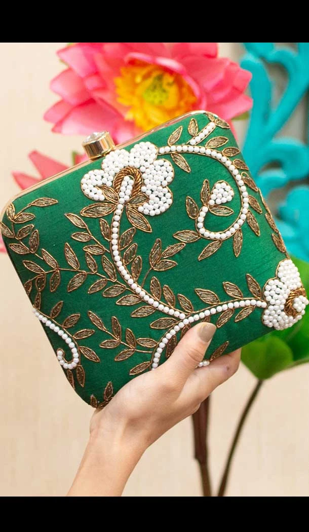 Fancy Designer Party Wear Raw Silk Clutches -9361110619