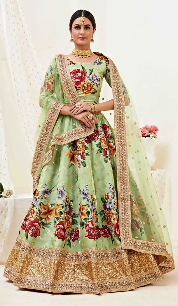Pista Green Color Banglori Satin Designer Traditional Wear Fancy Lehenga Choli -9369110731