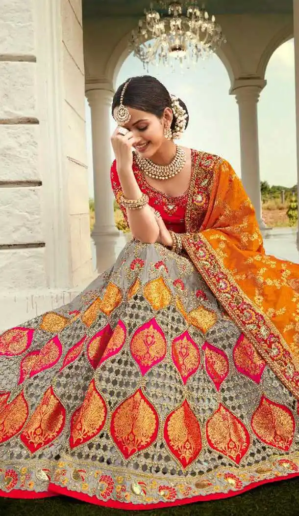 Grey Color Silk Designer Traditional Bridal Wedding Wear Lehenga Choli -9371110741