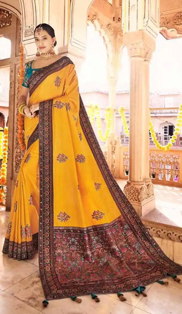Mustard Color Dola Silk Traditional Party Wear Saree Blouse -9378110789