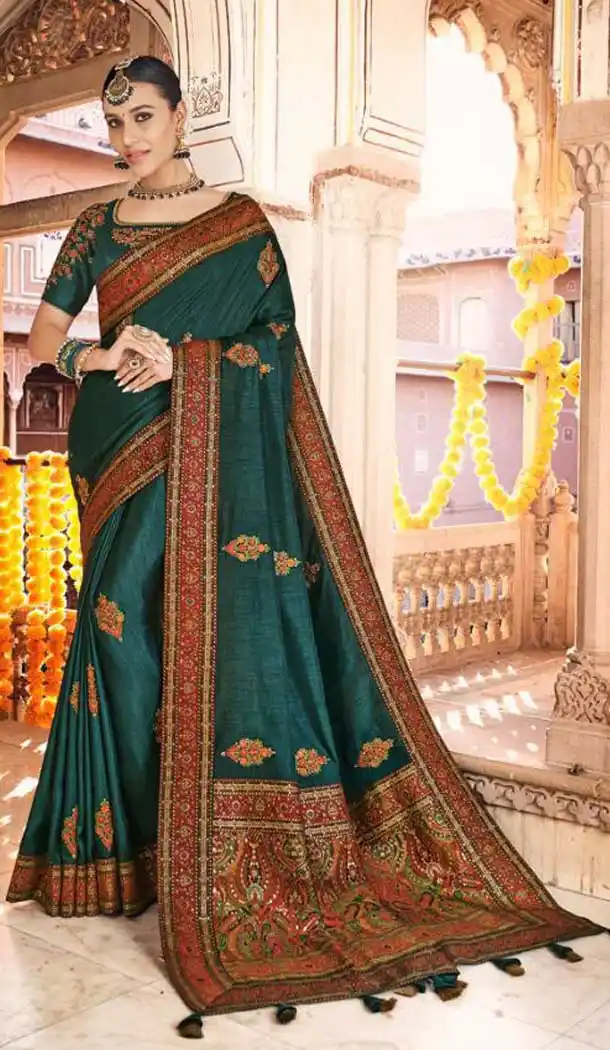 Peacock Green Color Dola Silk Traditional Party Wear Saree Blouse -9378110790