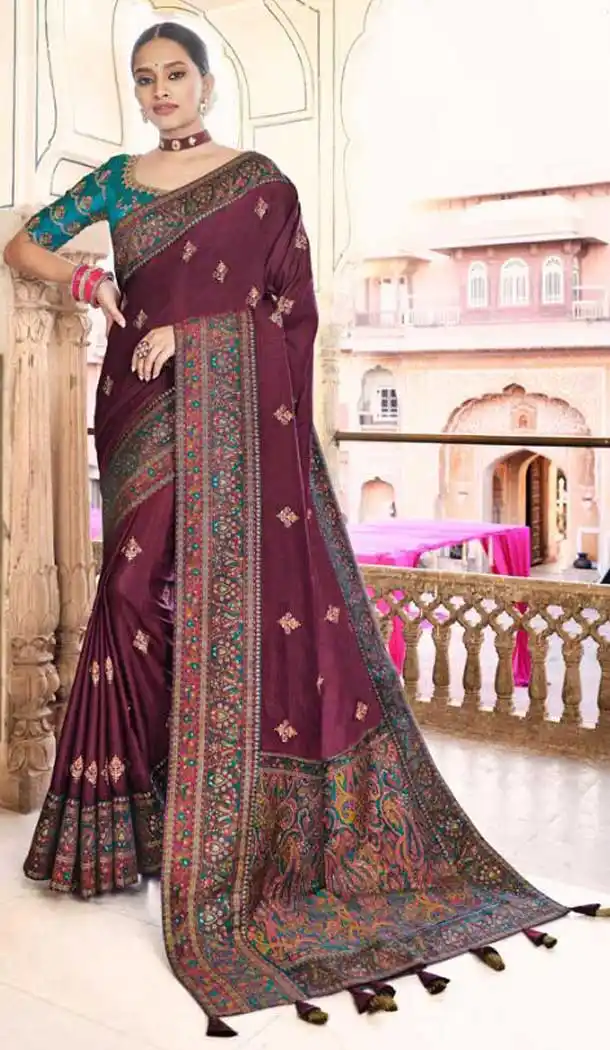 Exotic Wine Color Dola Silk Traditional Party Wear Saree Blouse -9378110793