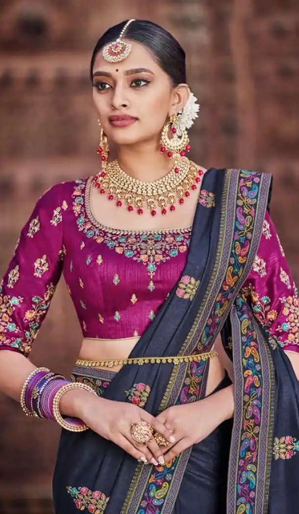 Navy Blue Color Dola Silk Traditional Party Wear Saree Blouse -9378110795