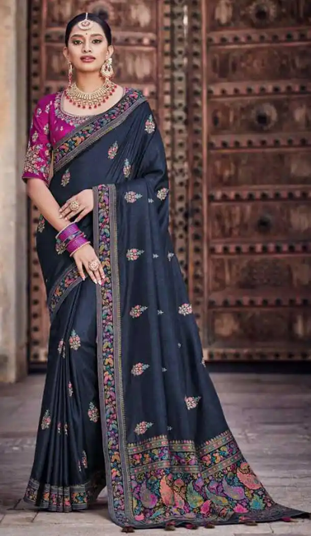 Navy Blue Color Dola Silk Traditional Party Wear Saree Blouse -9378110795