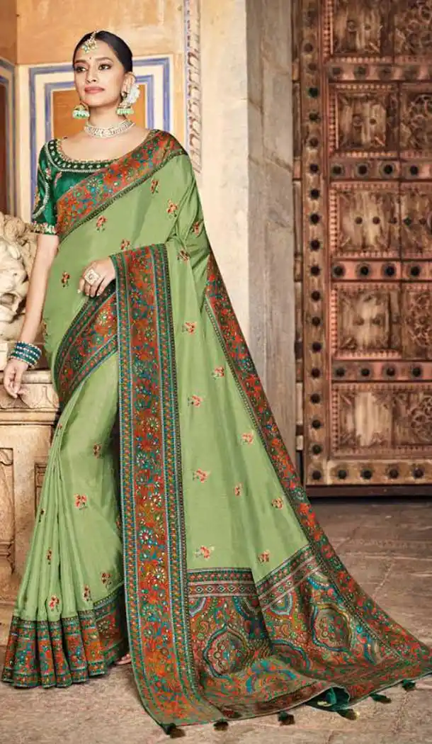 Olive Green Color Dola Silk Traditional Party Wear Saree Blouse -9378110797
