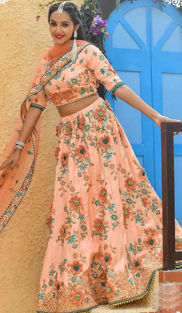 Tantalizing Peach Color Chenni Adda Silk Designer Party Wear Lehenga Choli -9379110803