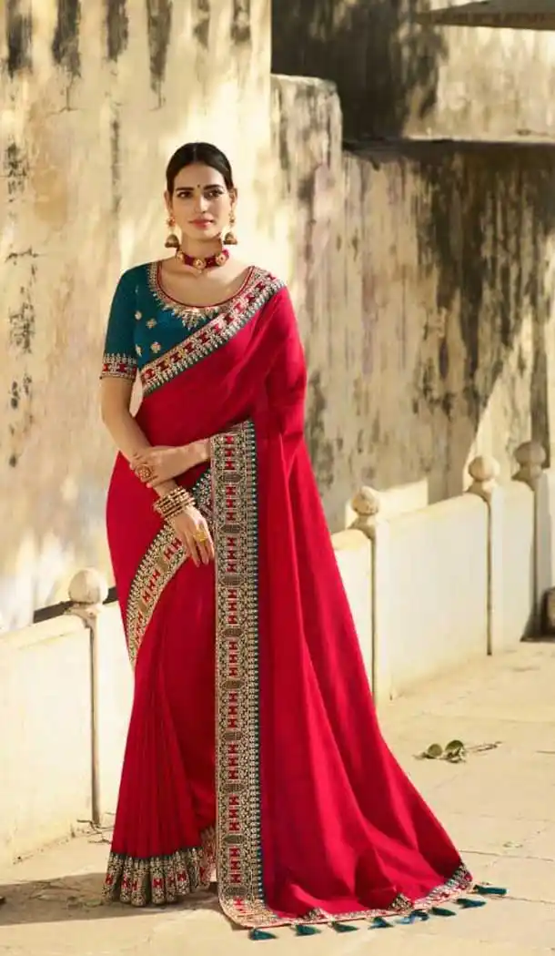 Red Color Heavy Vichitra Silk Designer Party Wear Saree Blouse -9389110851