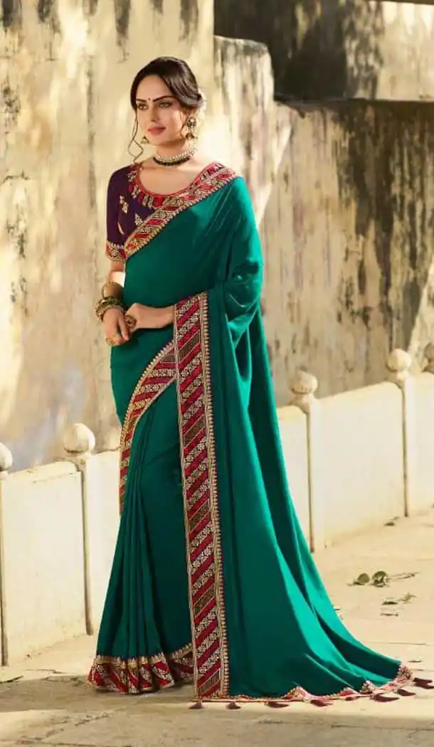 Green Color Heavy Vichitra Silk Designer Party Wear Saree Blouse -9389110852