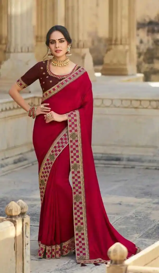 Redish Pink Color Heavy Vichitra Silk Designer Party Wear Saree Blouse -9389110853