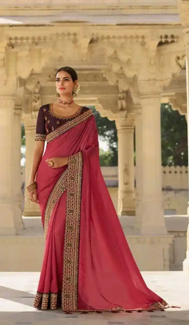 Peach Color Heavy Vichitra Silk Designer Party Wear Saree Blouse -9389110854
