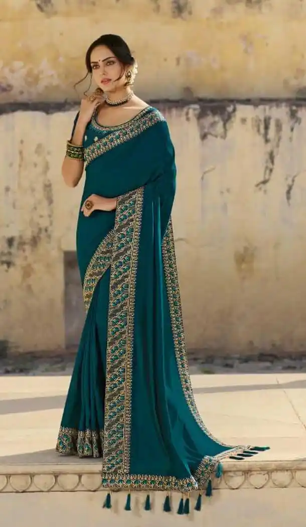 Teal Blue Color Heavy Vichitra Silk Designer Party Wear Saree Blouse -9389110855
