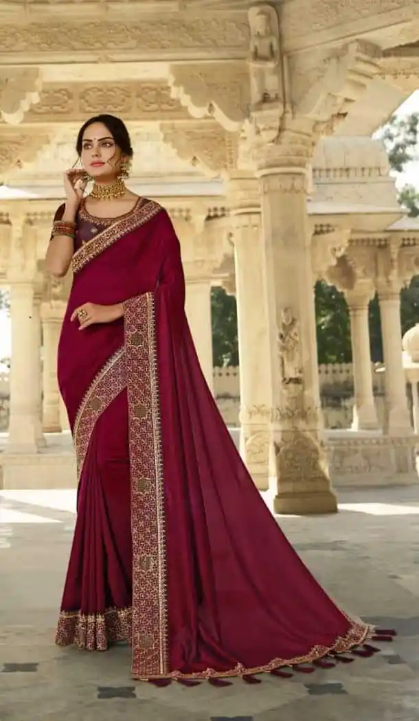 Maroon Color Heavy Vichitra Silk Designer Party Wear Saree Blouse -9389110856