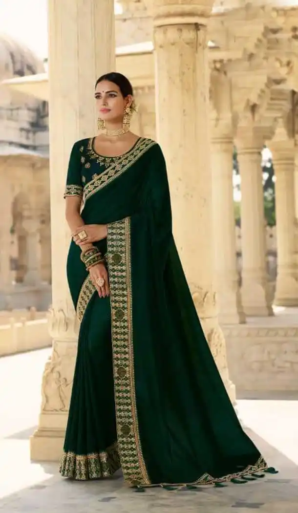 Green Color Heavy Vichitra Silk Designer Party Wear Saree Blouse -9389110857
