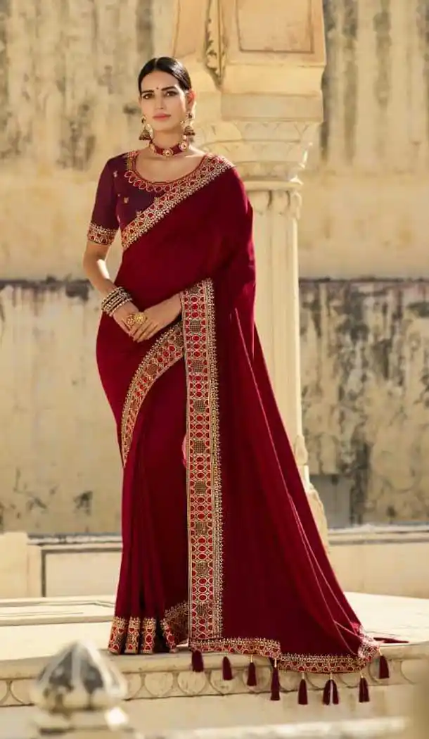 Elegant Maroon Color Heavy Vichitra Silk Designer Party Wear Saree Blouse -9389110858